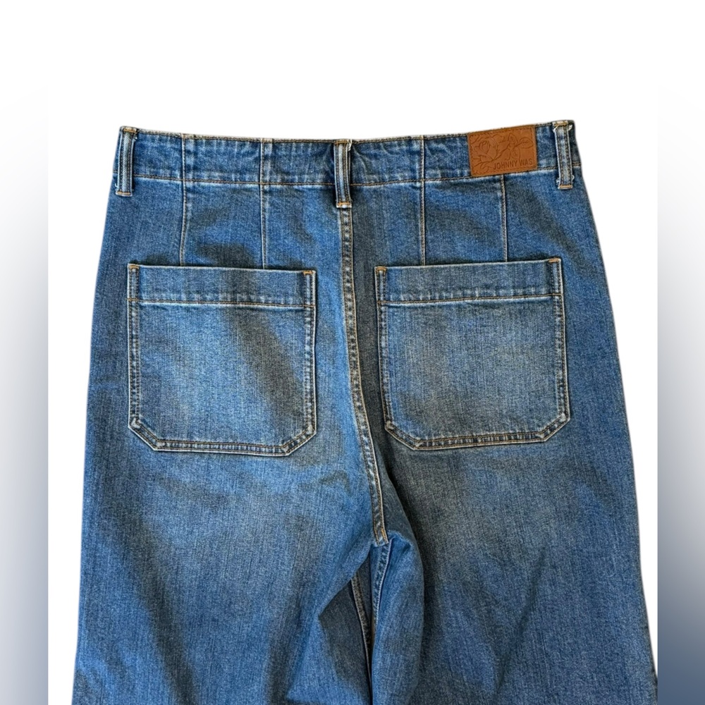Johnny Was Shuri Cropped Wide Leg Jeans Floral Embroidered Patch Pocket Size 29 - Picture 9 of 16